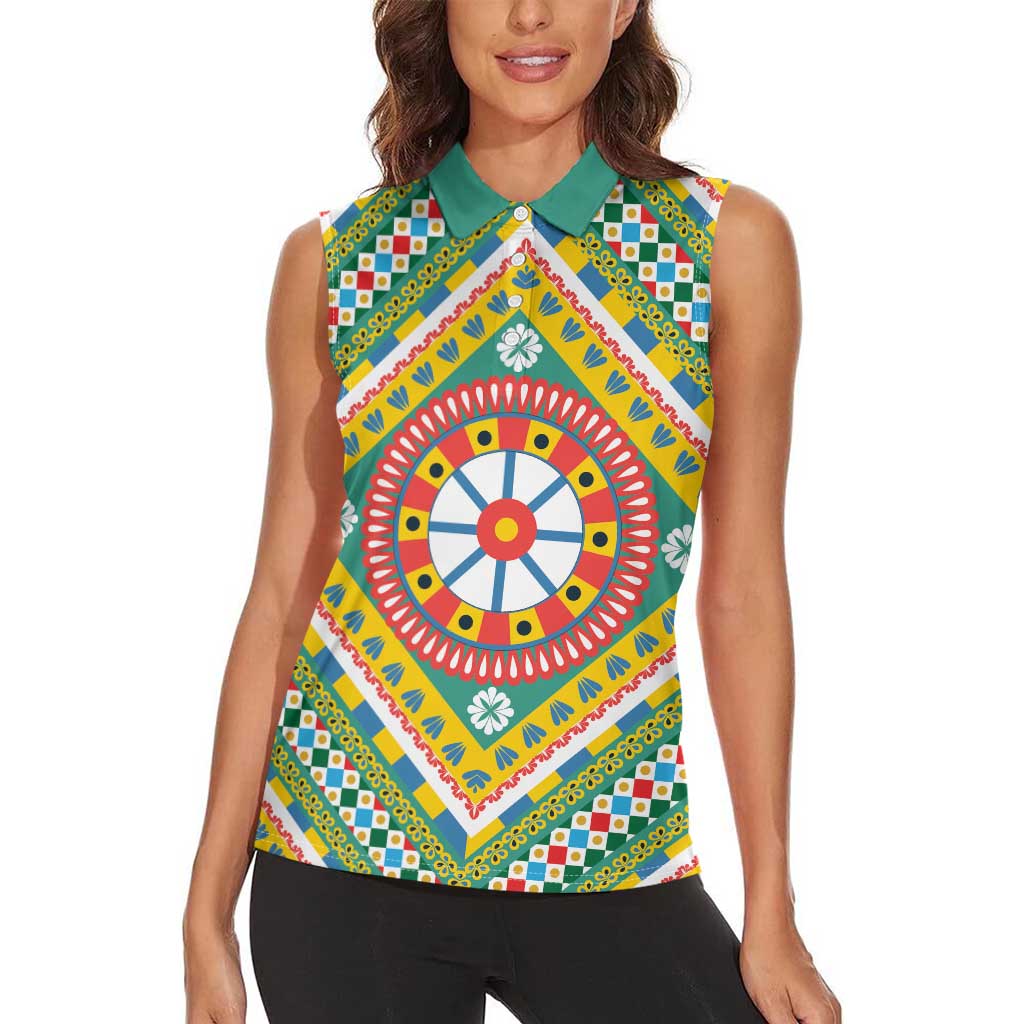Sicily Italy Carretto Siciliano Women Sleeveless Polo Shirt Green Sicilian Cart Wheel Pattern