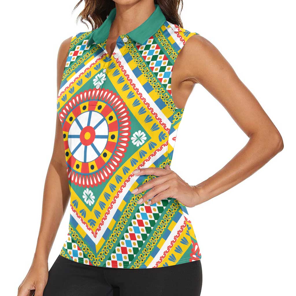 Sicily Italy Carretto Siciliano Women Sleeveless Polo Shirt Green Sicilian Cart Wheel Pattern