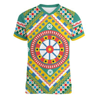 Sicily Italy Carretto Siciliano Women V-Neck T-Shirt Green Sicilian Cart Wheel Pattern