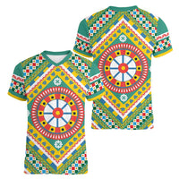 Sicily Italy Carretto Siciliano Women V-Neck T-Shirt Green Sicilian Cart Wheel Pattern