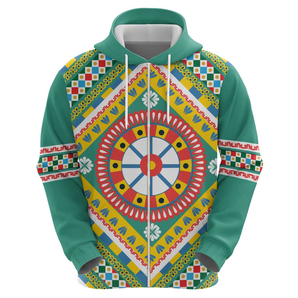 Sicily Italy Carretto Siciliano Zip Hoodie Green Sicilian Cart Wheel Pattern