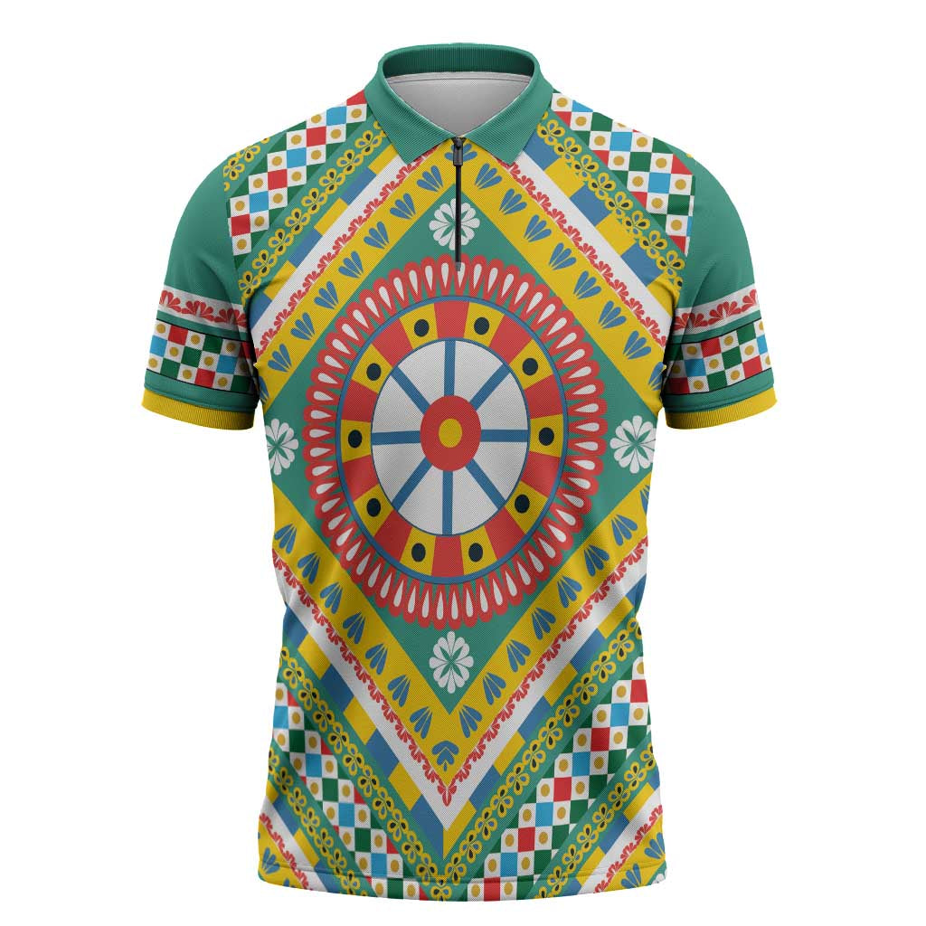 Sicily Italy Carretto Siciliano Zipper Polo Shirt Green Sicilian Cart Wheel Pattern