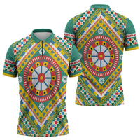 Sicily Italy Carretto Siciliano Zipper Polo Shirt Green Sicilian Cart Wheel Pattern