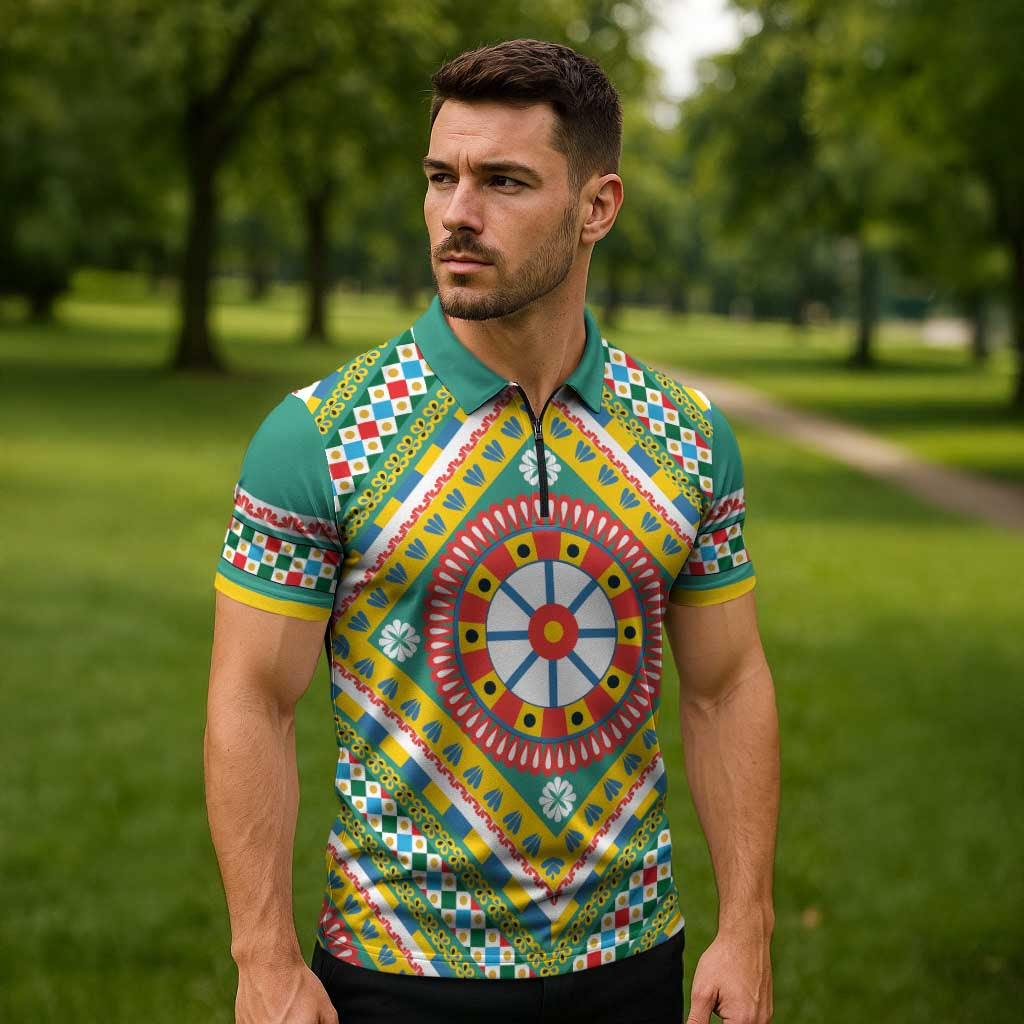 Sicily Italy Carretto Siciliano Zipper Polo Shirt Green Sicilian Cart Wheel Pattern