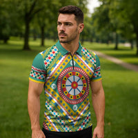 Sicily Italy Carretto Siciliano Zipper Polo Shirt Green Sicilian Cart Wheel Pattern