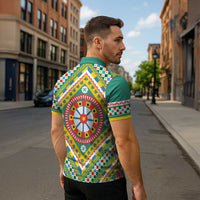 Sicily Italy Carretto Siciliano Zipper Polo Shirt Green Sicilian Cart Wheel Pattern