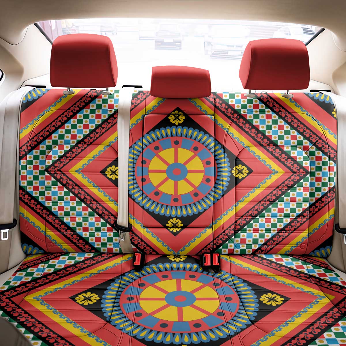 Sicily Italy Carretto Siciliano Back Car Seat Cover Red Sicilian Cart Wheel Pattern
