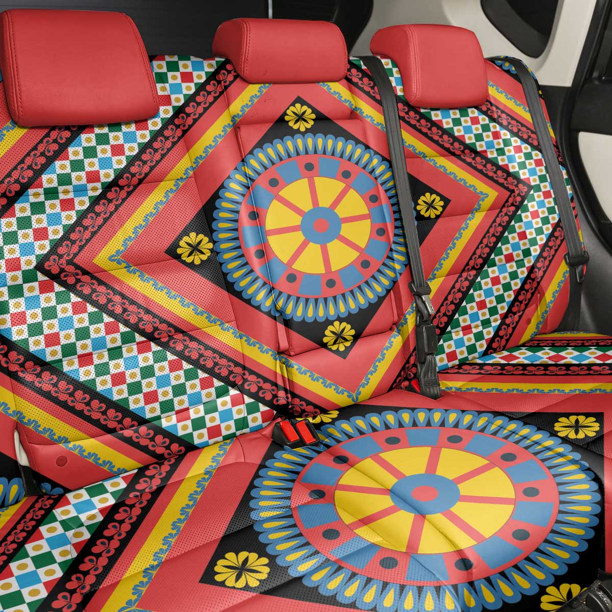Sicily Italy Carretto Siciliano Back Car Seat Cover Red Sicilian Cart Wheel Pattern