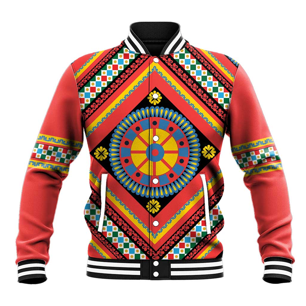 Sicily Italy Carretto Siciliano Baseball Jacket Red Sicilian Cart Wheel Pattern