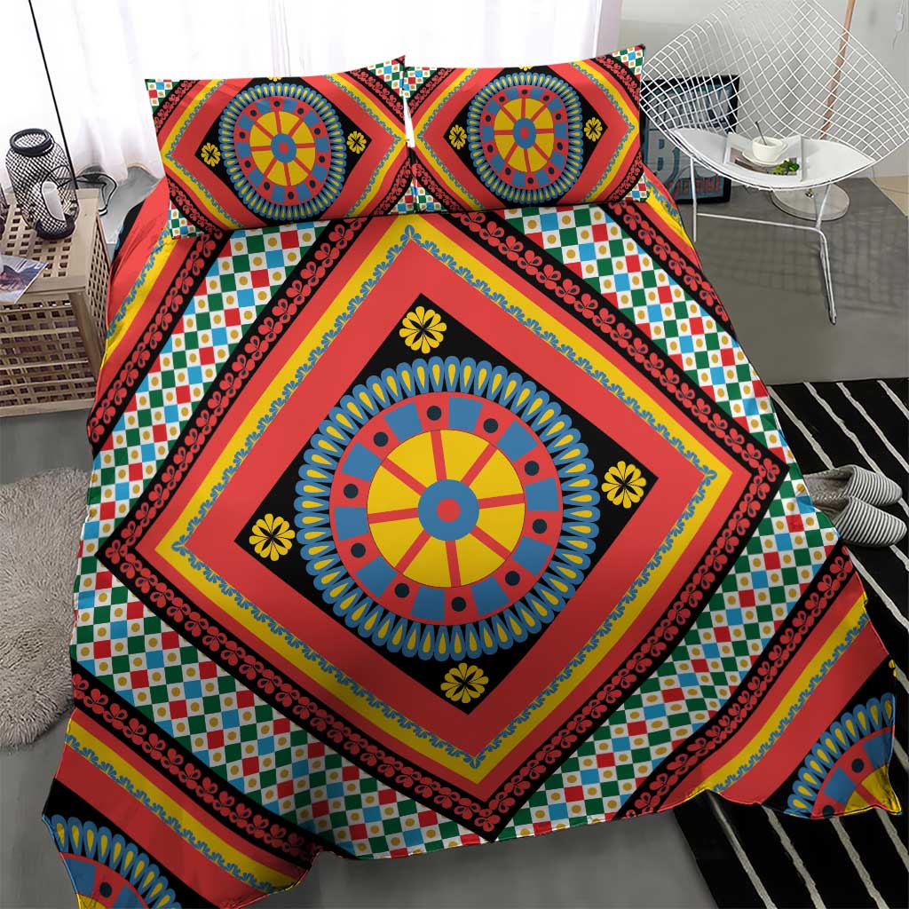 Sicily Italy Carretto Siciliano Bedding Set Red Sicilian Cart Wheel Pattern