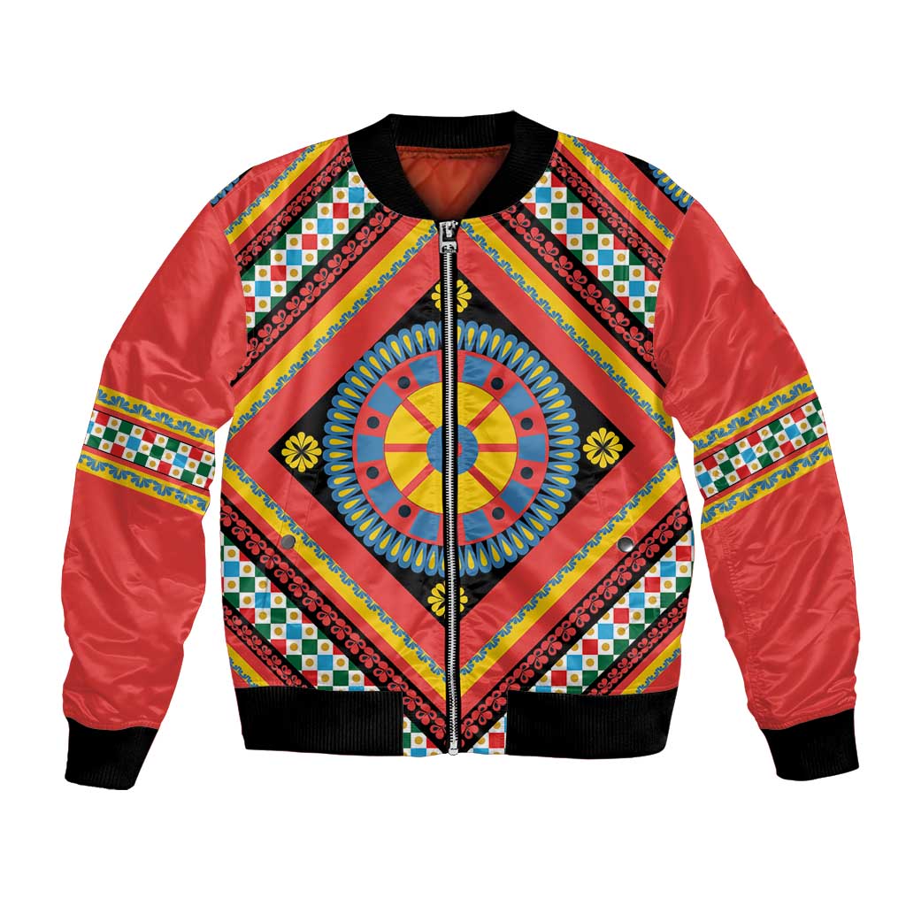 Sicily Italy Carretto Siciliano Bomber Jacket Red Sicilian Cart Wheel Pattern