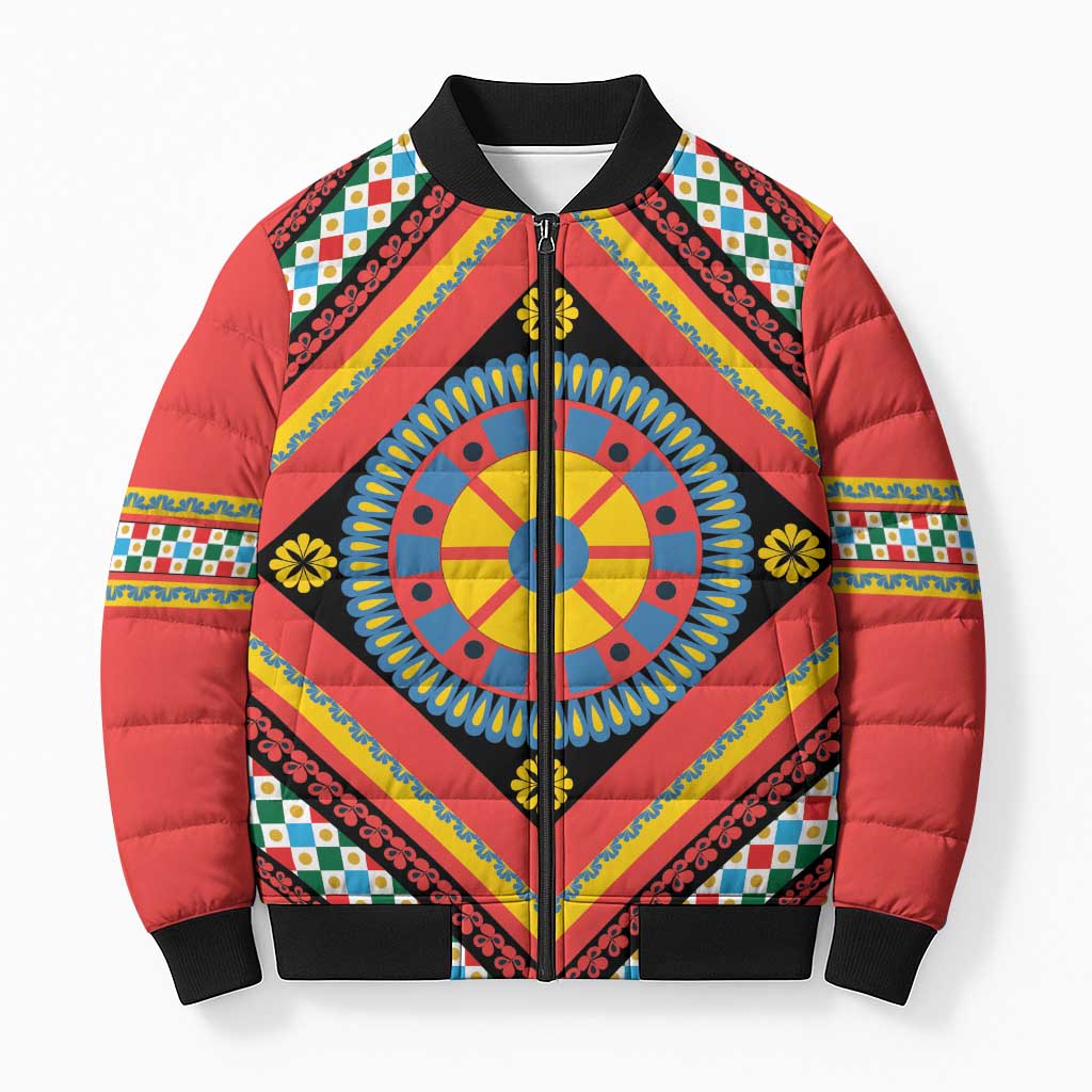 Sicily Italy Carretto Siciliano Bomber Puffer Jacket Red Sicilian Cart Wheel Pattern