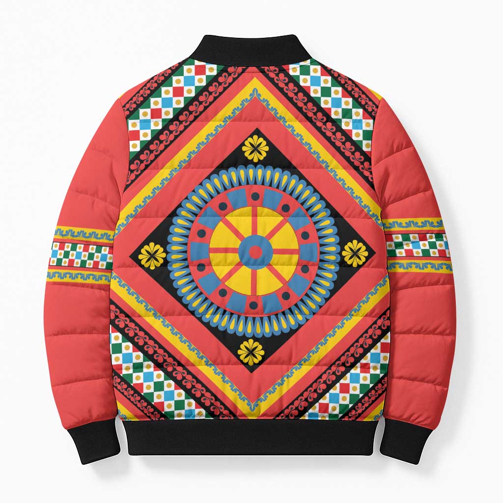 Sicily Italy Carretto Siciliano Bomber Puffer Jacket Red Sicilian Cart Wheel Pattern