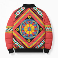 Sicily Italy Carretto Siciliano Bomber Puffer Jacket Red Sicilian Cart Wheel Pattern