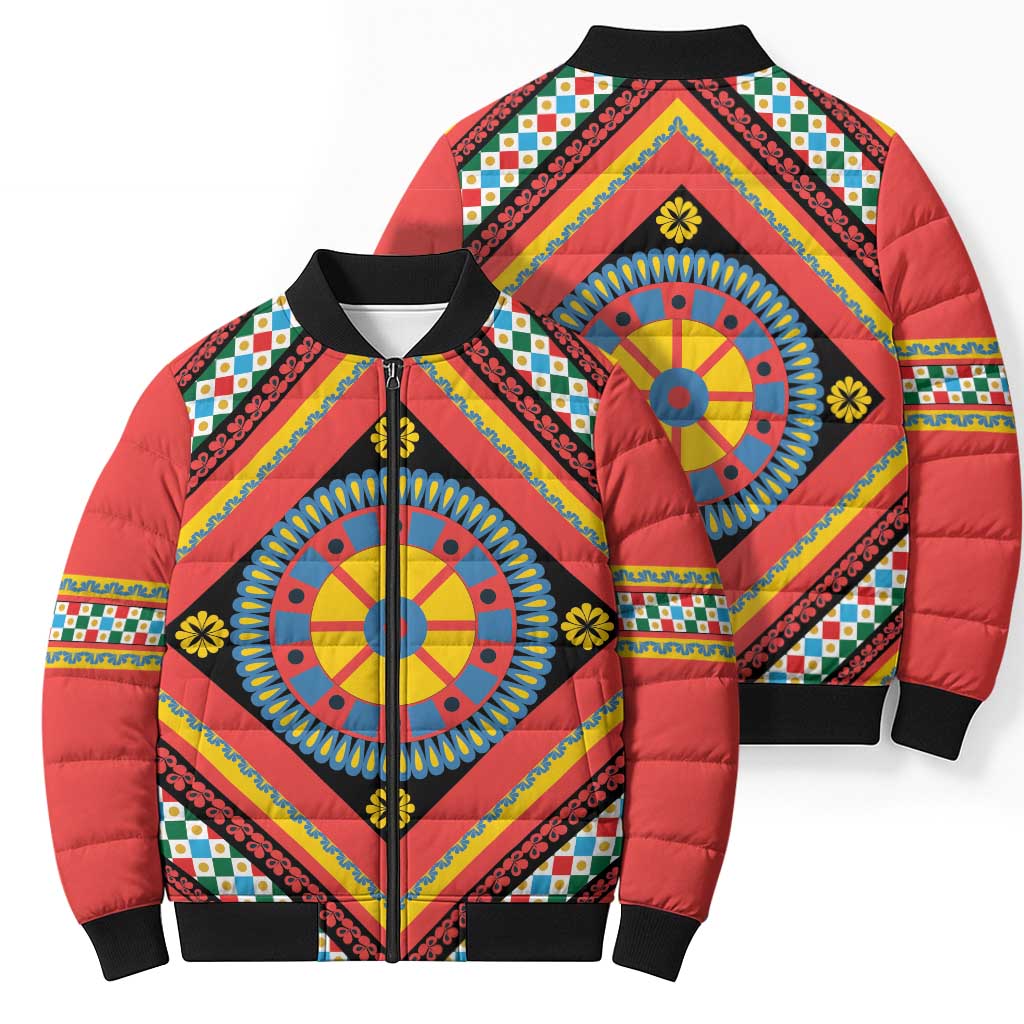 Sicily Italy Carretto Siciliano Bomber Puffer Jacket Red Sicilian Cart Wheel Pattern
