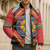 Sicily Italy Carretto Siciliano Bomber Puffer Jacket Red Sicilian Cart Wheel Pattern