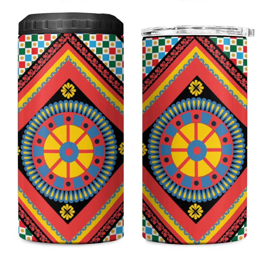 Sicily Italy Carretto Siciliano 4 in 1 Can Cooler Tumbler Red Sicilian Cart Wheel Pattern
