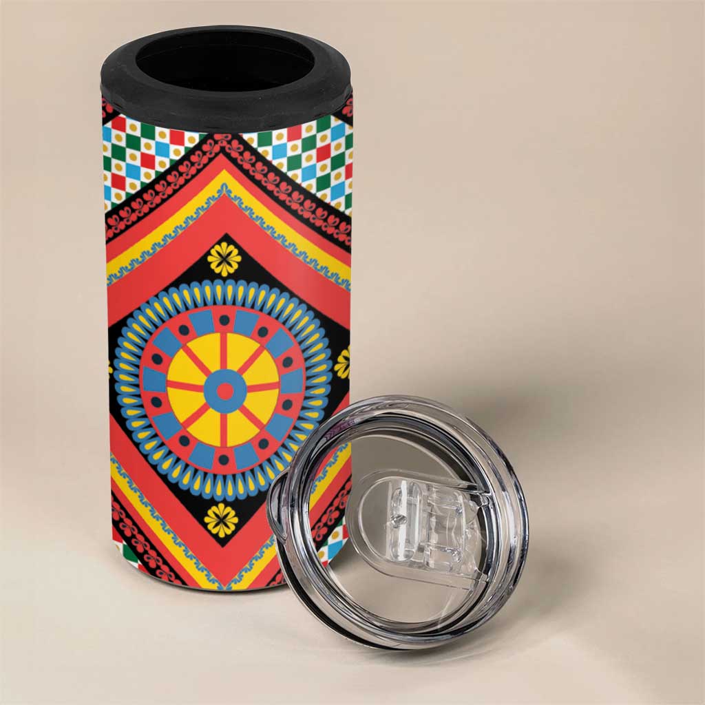 Sicily Italy Carretto Siciliano 4 in 1 Can Cooler Tumbler Red Sicilian Cart Wheel Pattern