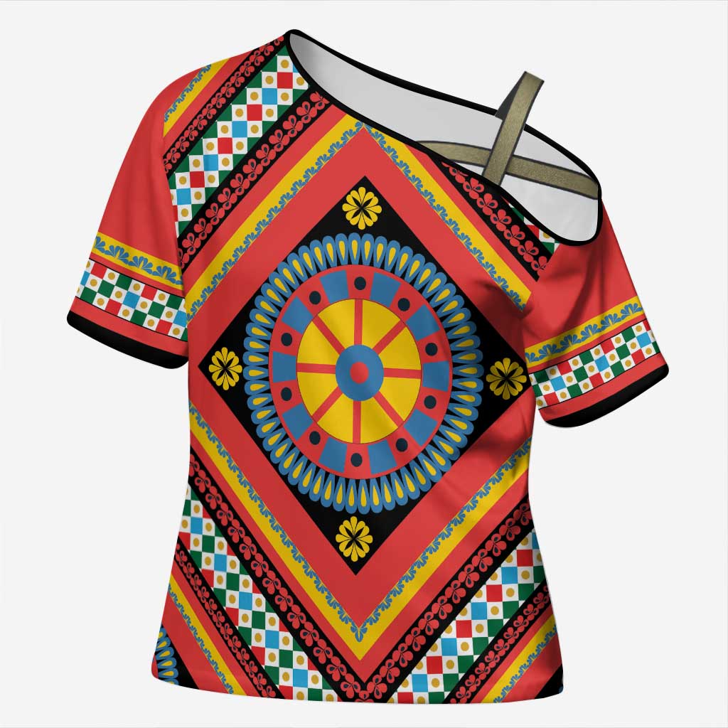 Sicily Italy Carretto Siciliano Cross Shoulder Shirt Red Sicilian Cart Wheel Pattern