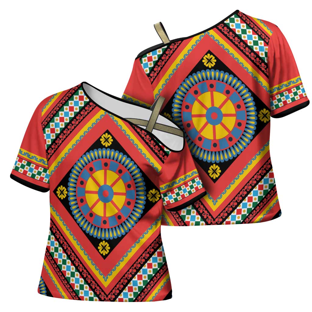 Sicily Italy Carretto Siciliano Cross Shoulder Shirt Red Sicilian Cart Wheel Pattern