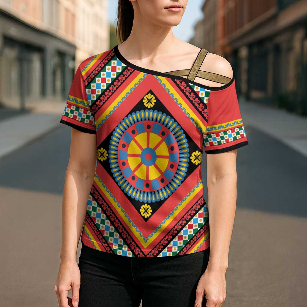 Sicily Italy Carretto Siciliano Cross Shoulder Shirt Red Sicilian Cart Wheel Pattern