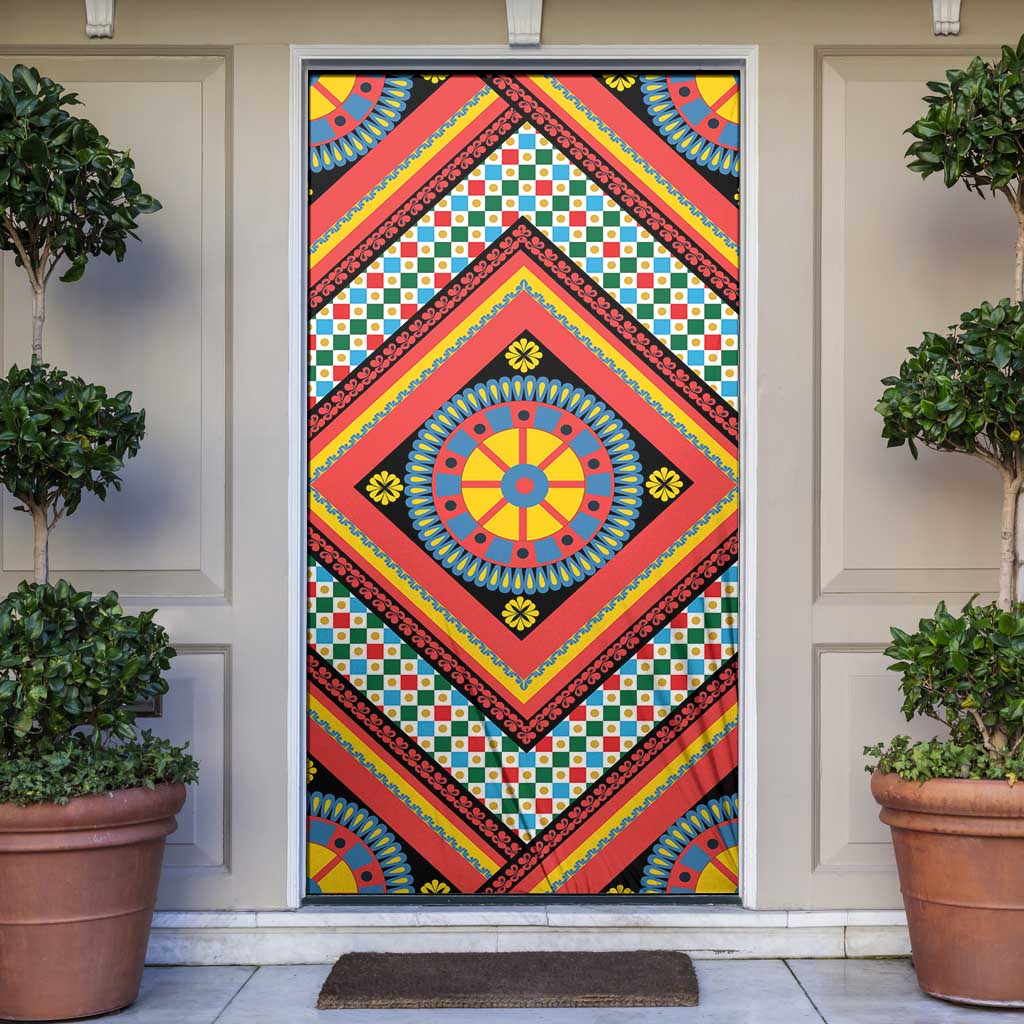 Sicily Italy Carretto Siciliano Door Cover Red Sicilian Cart Wheel Pattern