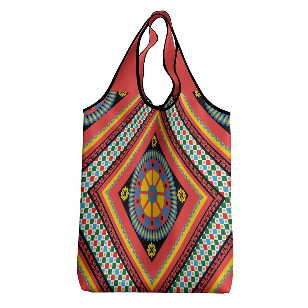 Sicily Italy Carretto Siciliano Grocery Bag Red Sicilian Cart Wheel Pattern