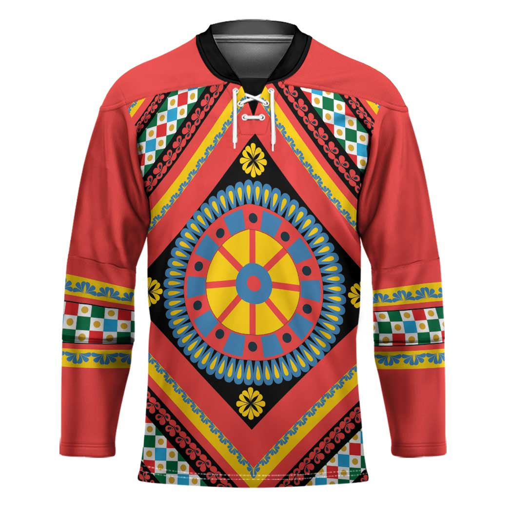 Sicily Italy Carretto Siciliano Hockey Jersey Red Sicilian Cart Wheel Pattern