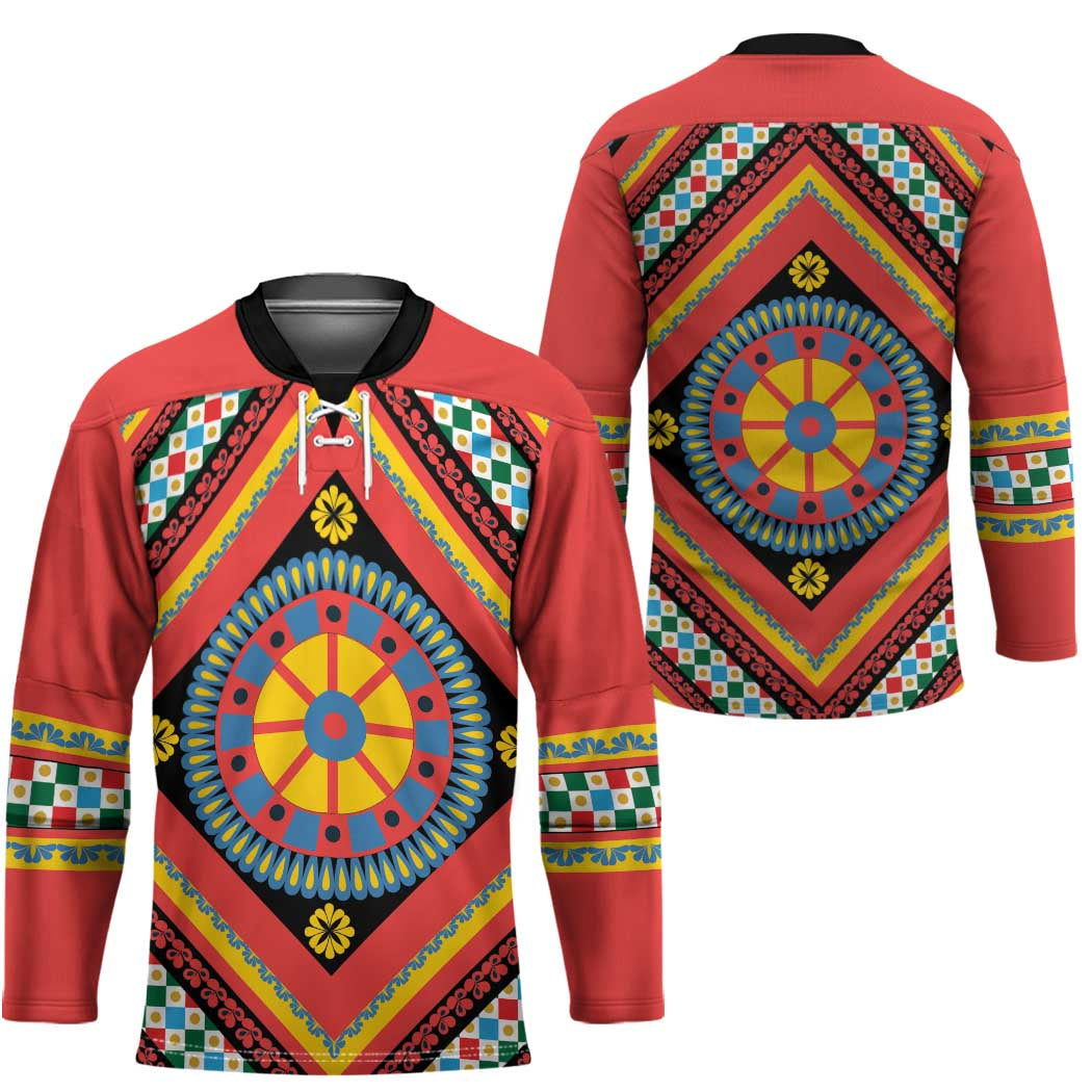 Sicily Italy Carretto Siciliano Hockey Jersey Red Sicilian Cart Wheel Pattern