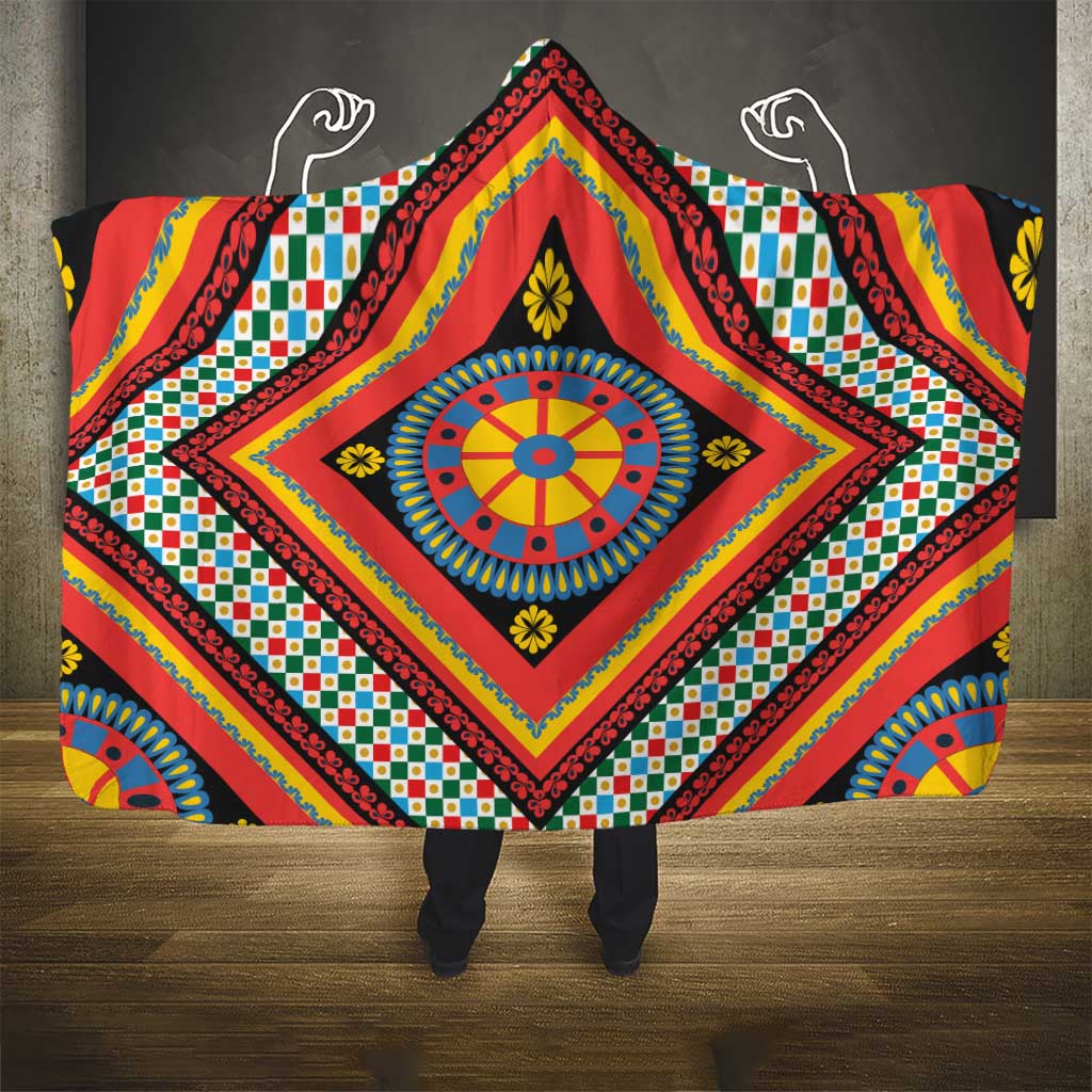Sicily Italy Carretto Siciliano Hooded Blanket Red Sicilian Cart Wheel Pattern