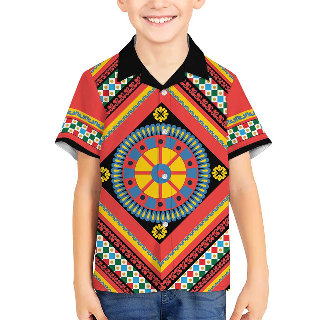 Sicily Italy Carretto Siciliano Kid Hawaiian Shirt Red Sicilian Cart Wheel Pattern
