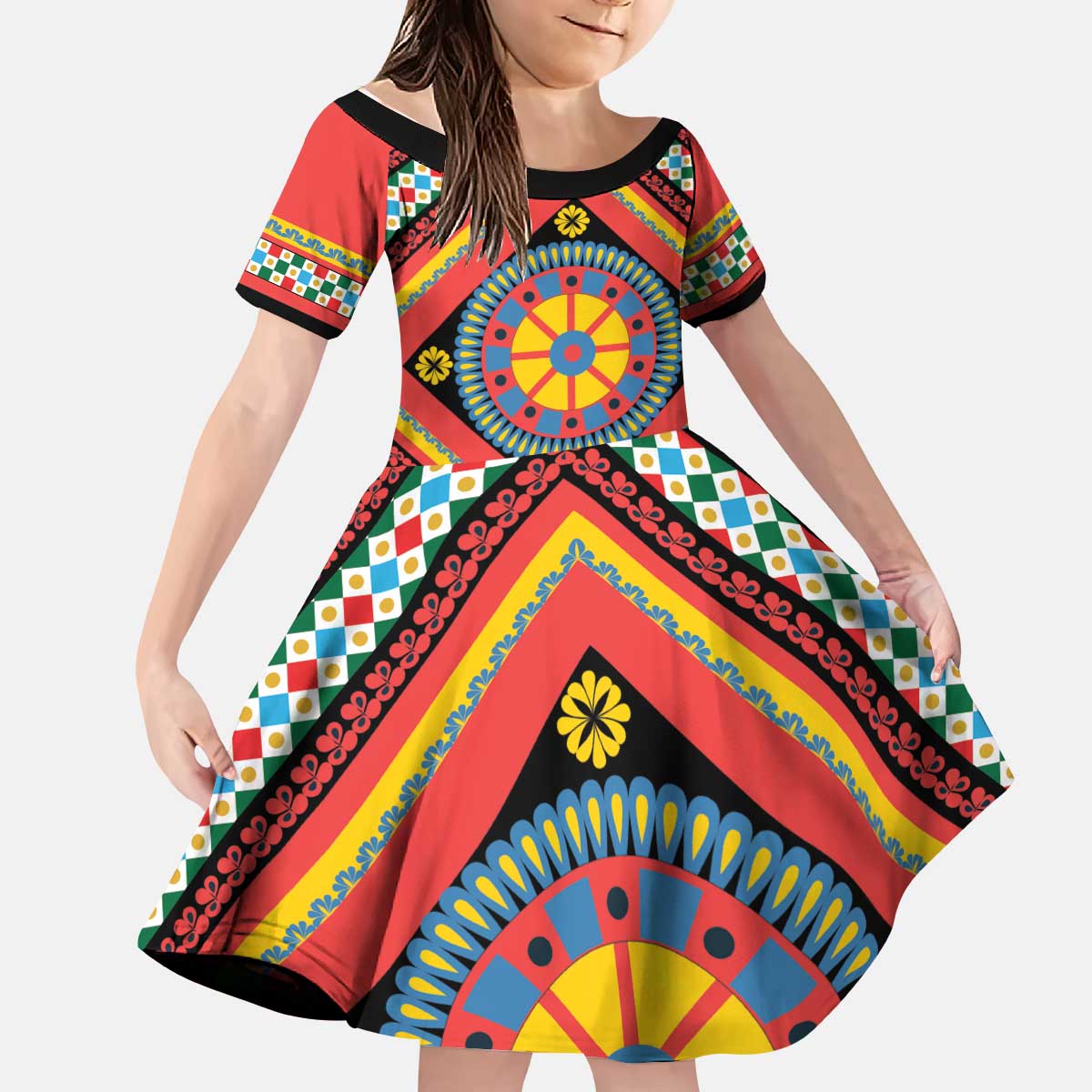 Sicily Italy Carretto Siciliano Kid Short Sleeve Dress Red Sicilian Cart Wheel Pattern