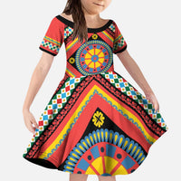 Sicily Italy Carretto Siciliano Kid Short Sleeve Dress Red Sicilian Cart Wheel Pattern