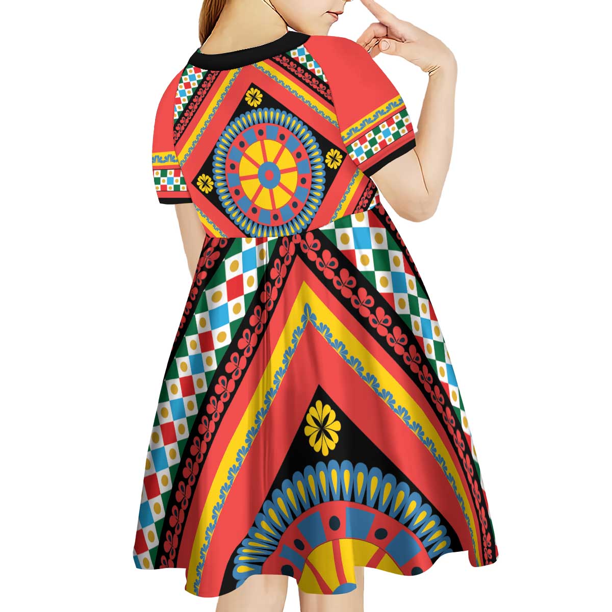 Sicily Italy Carretto Siciliano Kid Short Sleeve Dress Red Sicilian Cart Wheel Pattern
