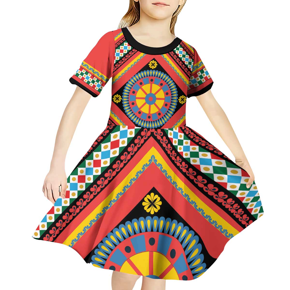 Sicily Italy Carretto Siciliano Kid Short Sleeve Dress Red Sicilian Cart Wheel Pattern