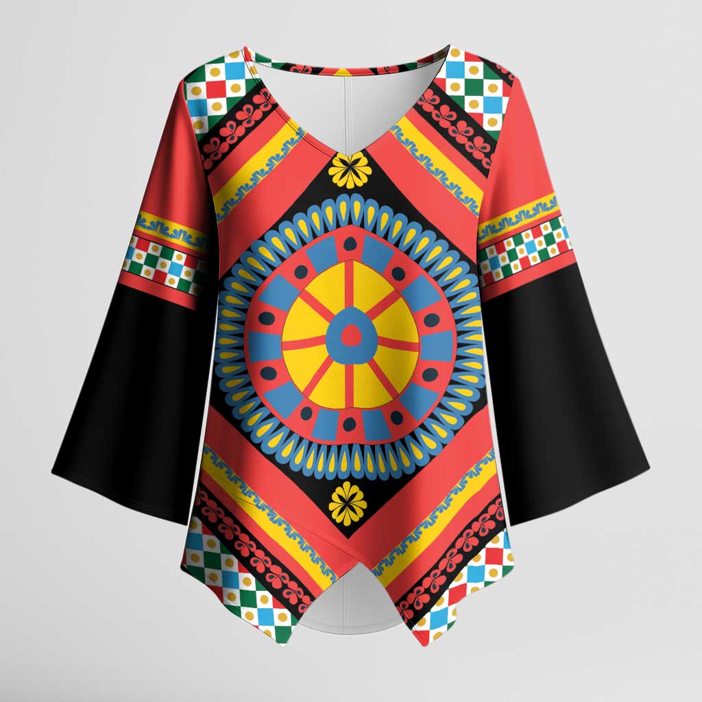 Sicily Italy Carretto Siciliano Kimono Sleeve Blouse Red Sicilian Cart Wheel Pattern