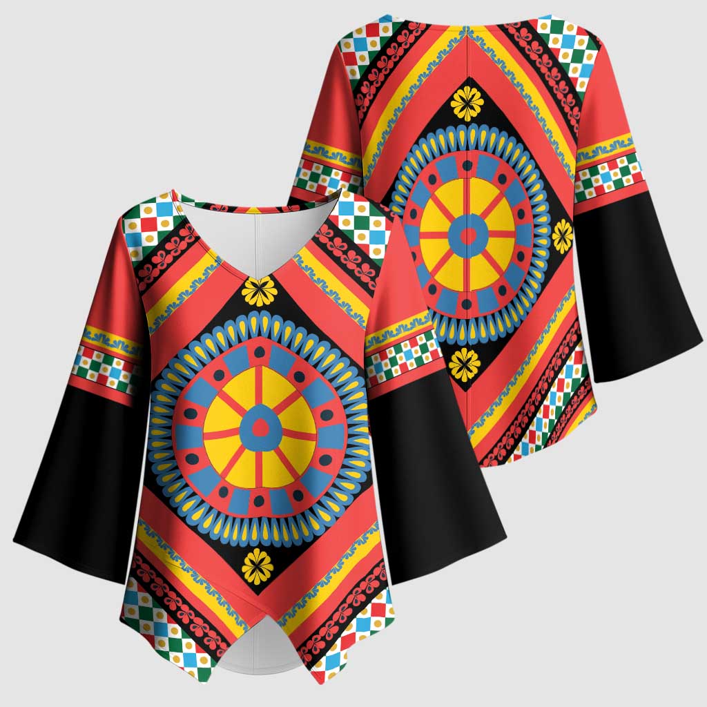 Sicily Italy Carretto Siciliano Kimono Sleeve Blouse Red Sicilian Cart Wheel Pattern