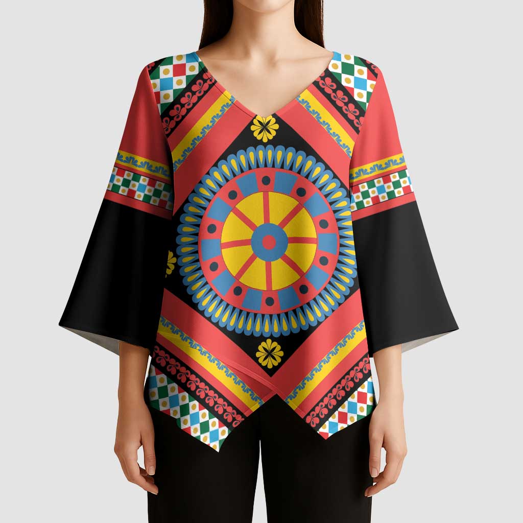 Sicily Italy Carretto Siciliano Kimono Sleeve Blouse Red Sicilian Cart Wheel Pattern