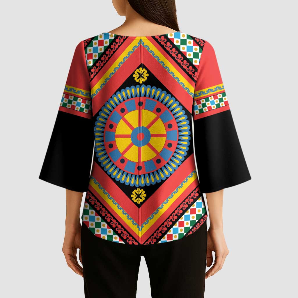 Sicily Italy Carretto Siciliano Kimono Sleeve Blouse Red Sicilian Cart Wheel Pattern