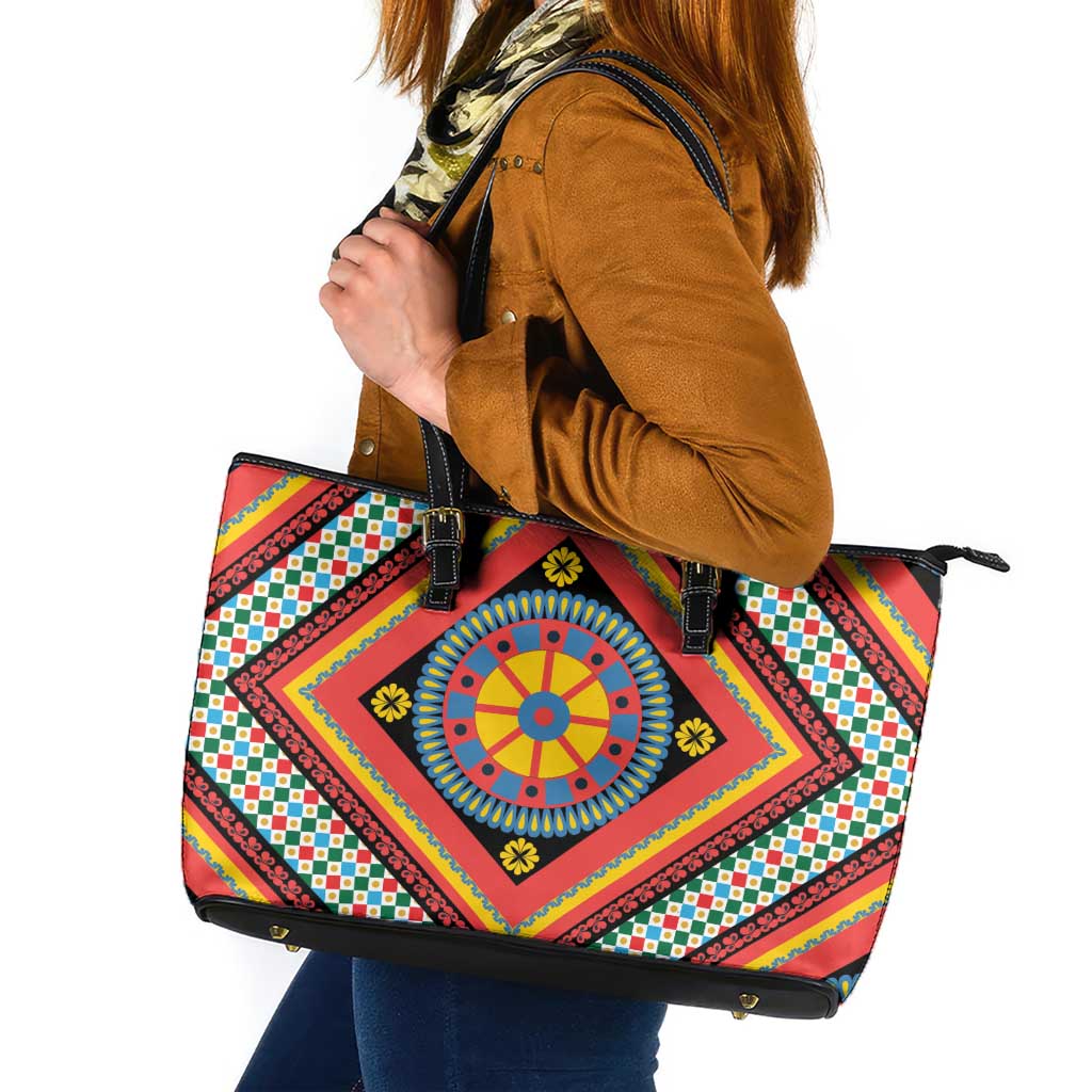 Sicily Italy Carretto Siciliano Leather Tote Bag Red Sicilian Cart Wheel Pattern