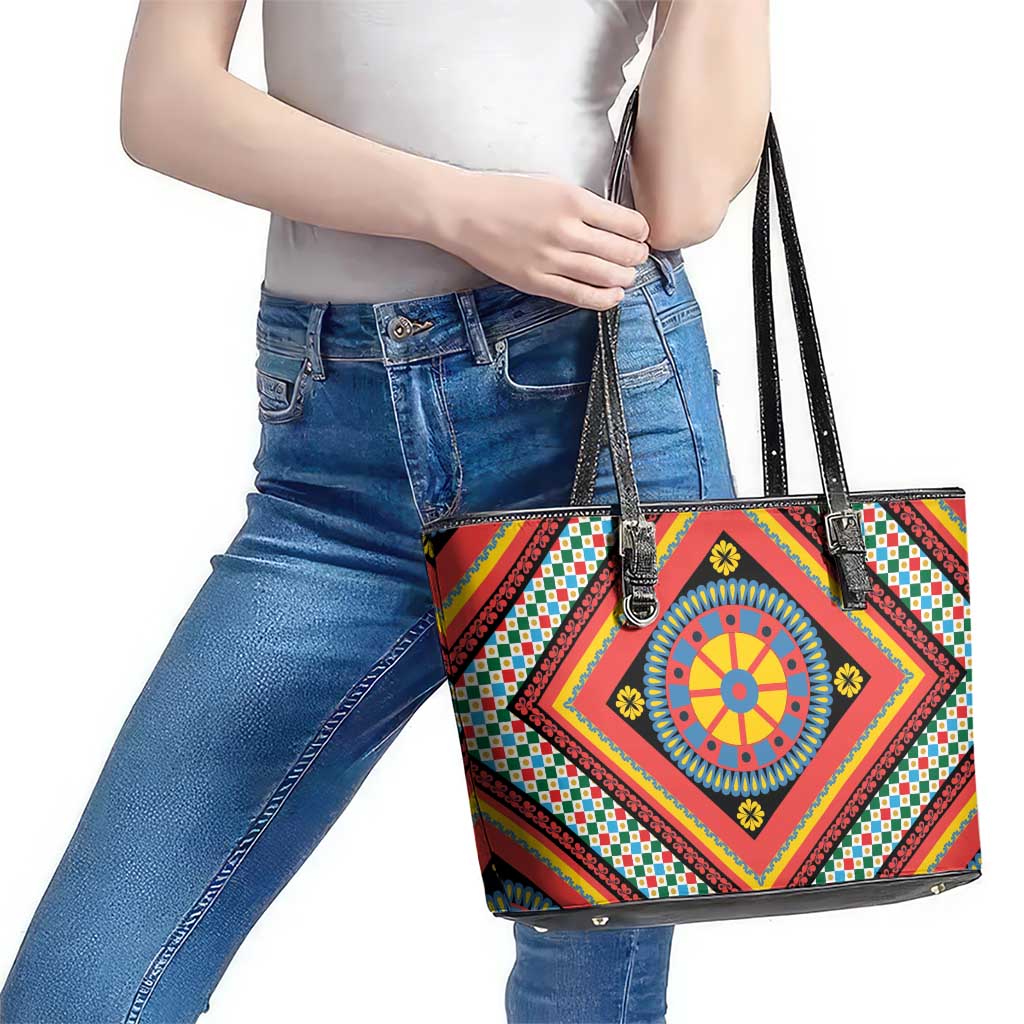 Sicily Italy Carretto Siciliano Leather Tote Bag Red Sicilian Cart Wheel Pattern