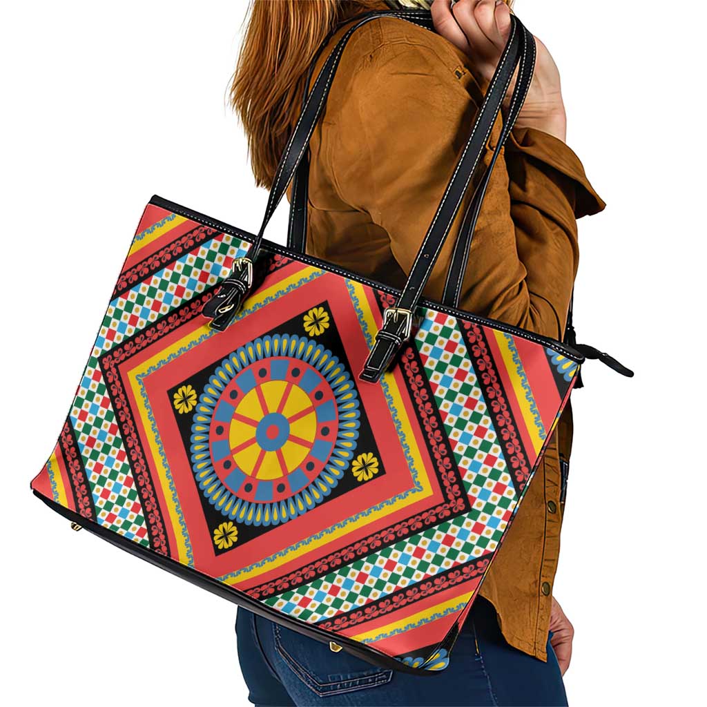 Sicily Italy Carretto Siciliano Leather Tote Bag Red Sicilian Cart Wheel Pattern