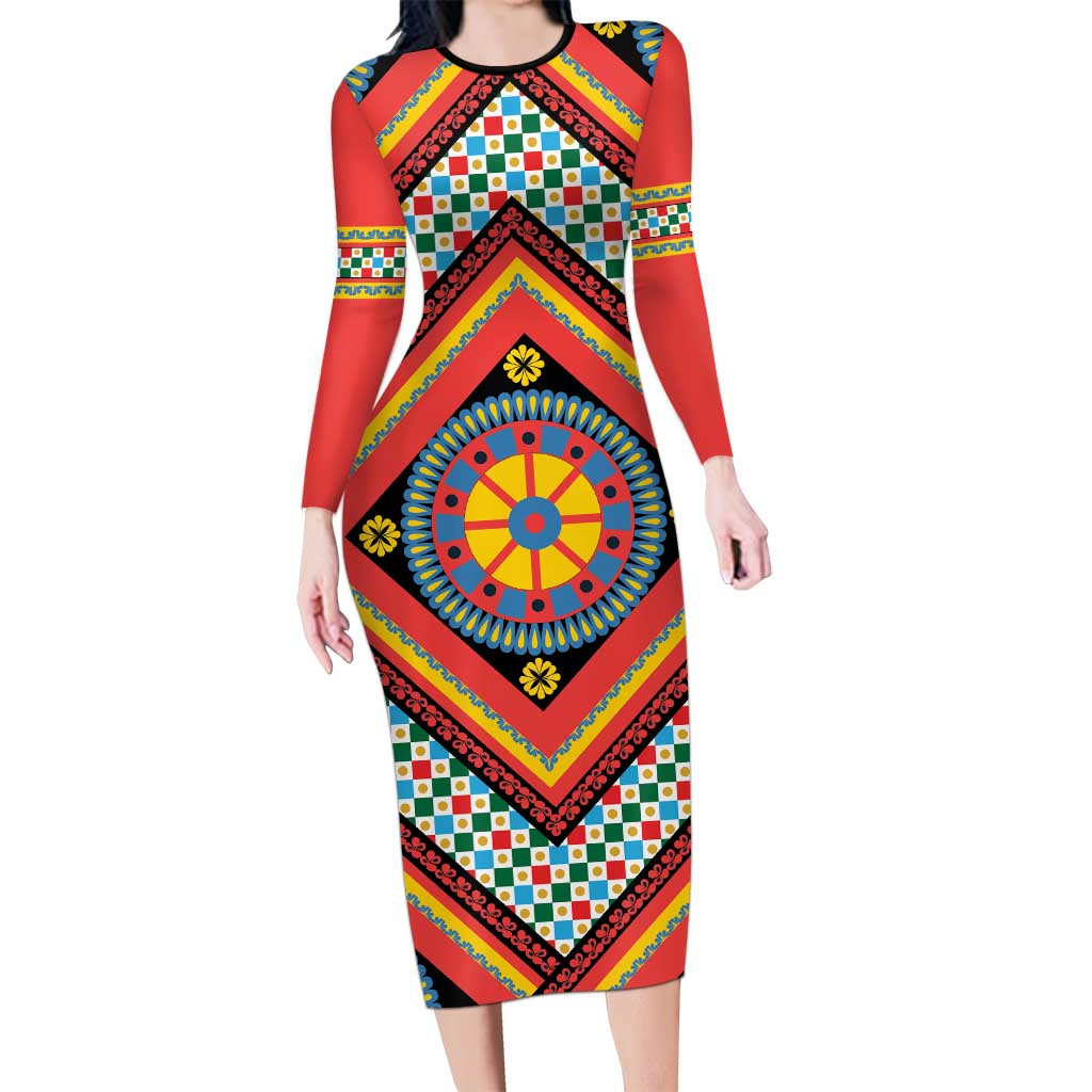 Sicily Italy Carretto Siciliano Long Sleeve Bodycon Dress Red Sicilian Cart Wheel Pattern