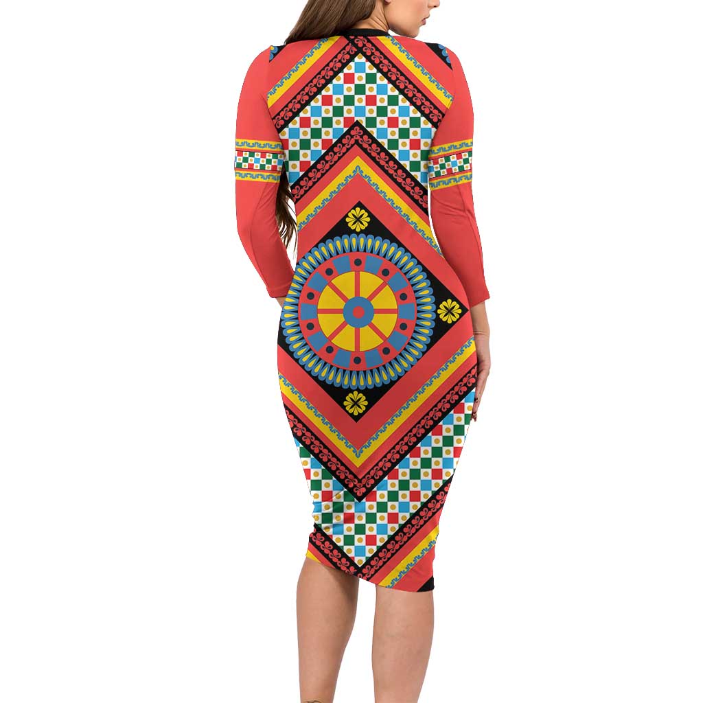 Sicily Italy Carretto Siciliano Long Sleeve Bodycon Dress Red Sicilian Cart Wheel Pattern