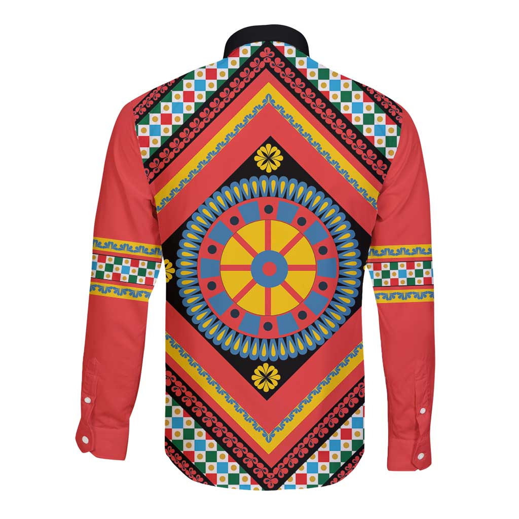 Sicily Italy Carretto Siciliano Long Sleeve Button Shirt Red Sicilian Cart Wheel Pattern