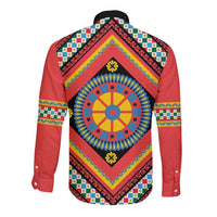 Sicily Italy Carretto Siciliano Long Sleeve Button Shirt Red Sicilian Cart Wheel Pattern