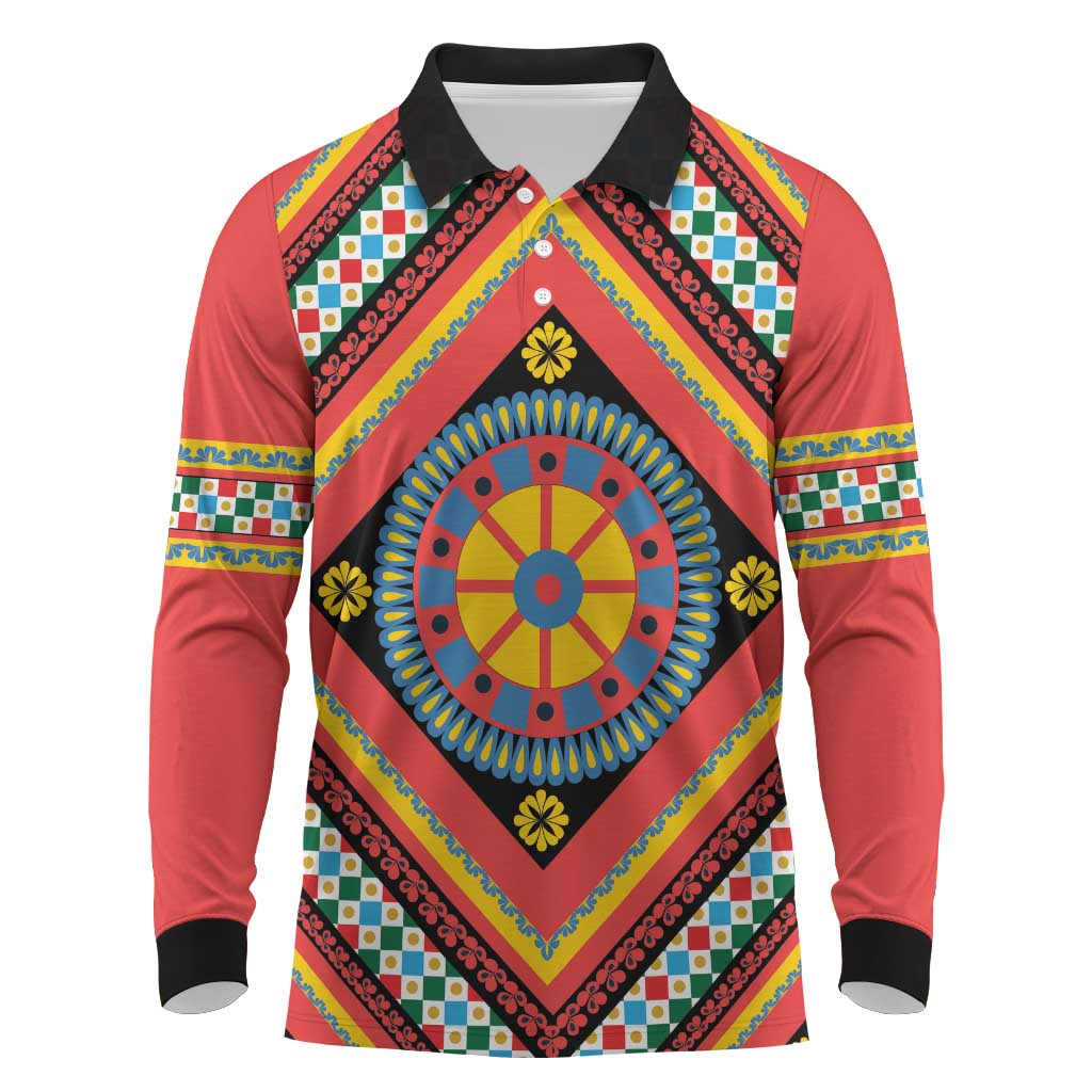 Sicily Italy Carretto Siciliano Long Sleeve Polo Shirt Red Sicilian Cart Wheel Pattern