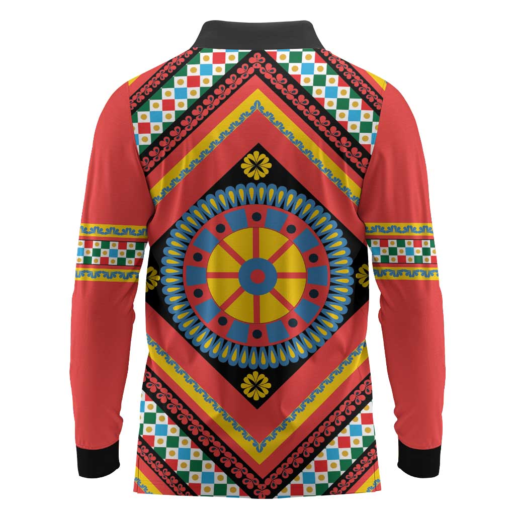 Sicily Italy Carretto Siciliano Long Sleeve Polo Shirt Red Sicilian Cart Wheel Pattern