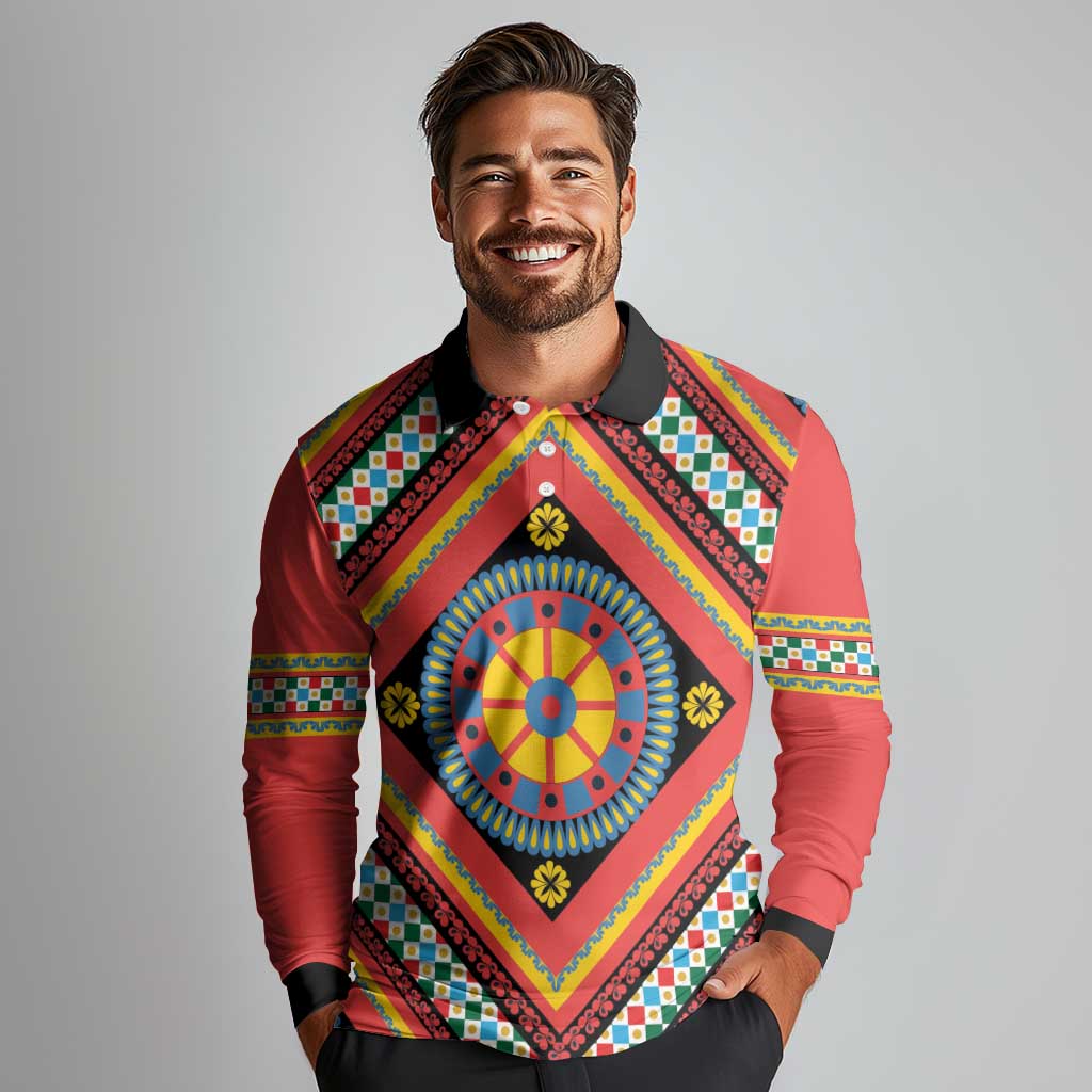 Sicily Italy Carretto Siciliano Long Sleeve Polo Shirt Red Sicilian Cart Wheel Pattern