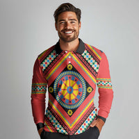 Sicily Italy Carretto Siciliano Long Sleeve Polo Shirt Red Sicilian Cart Wheel Pattern